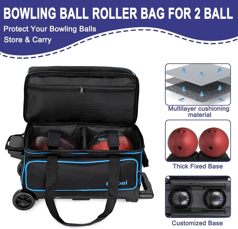 Goloni Double Roller 2 Ball Bowling Bag with Separate Shoe Compartment,2 Ball Bowling Bag with Wheels,Retractable Handle Extends to 40" - Image 2